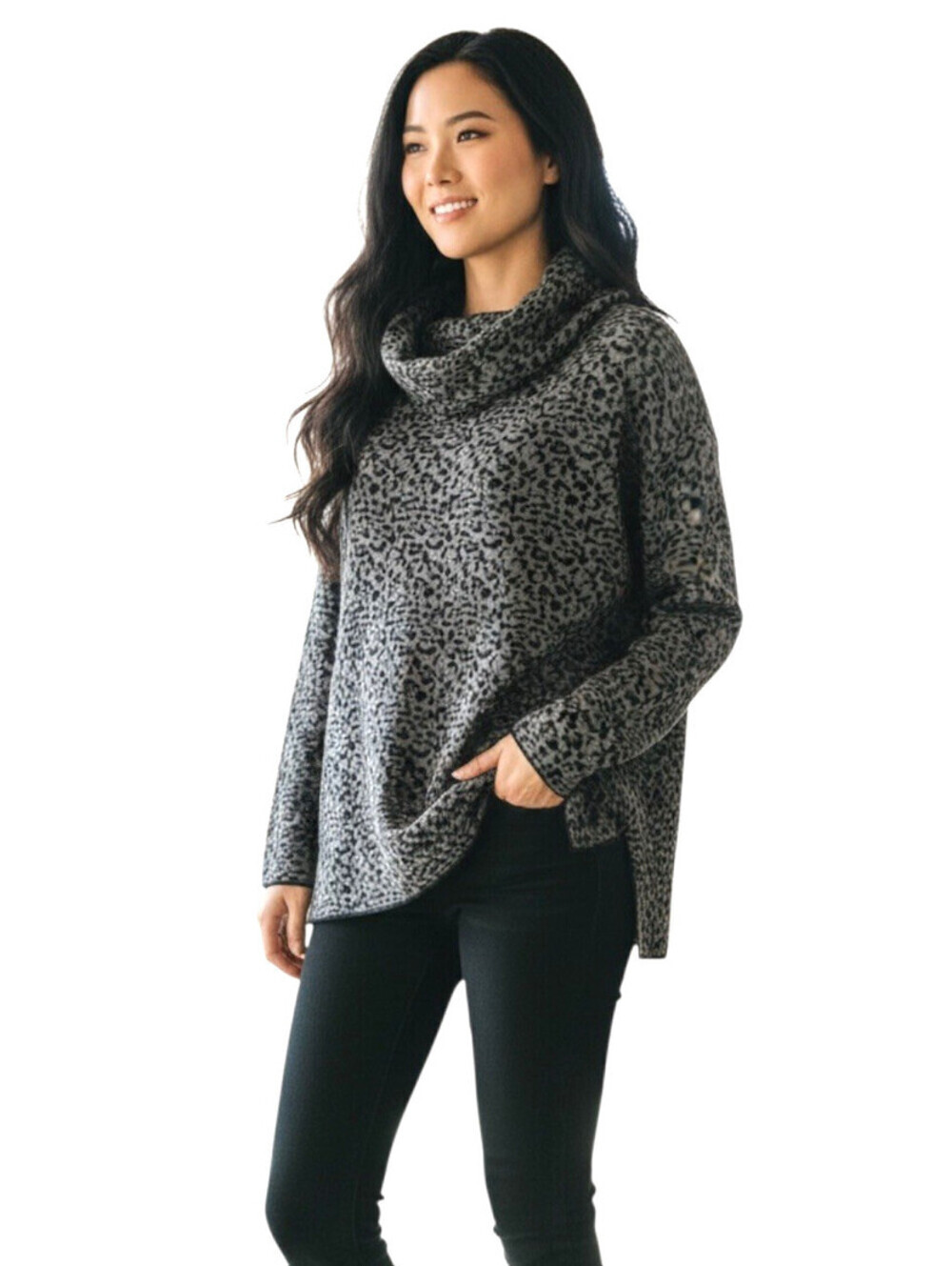 Calvin Klein S Women's Cowl Neck Sweater Gray/Black Leopard Print